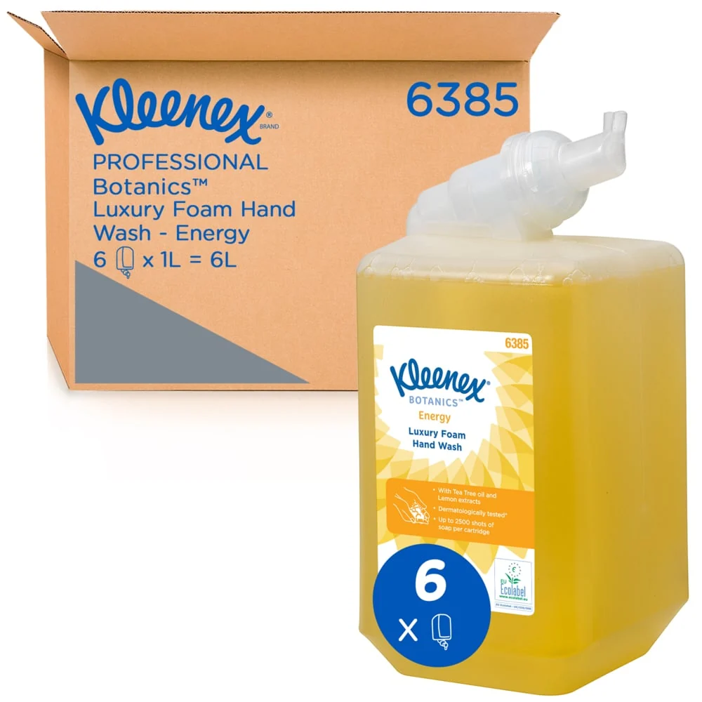 Wall-Mount Kleenex® Botanics ™ Luxury Foam Hand Wash - 1 liter cassette / yellow / 1 LTR - 6 Cassettes | Cardboard (6 cart...